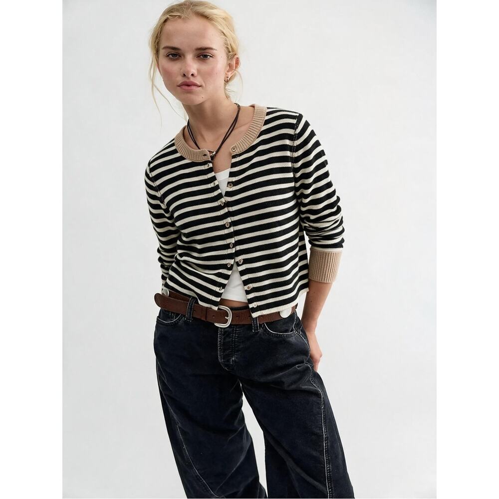 Free People Nocturnal Stripe Cashmere Wool Cardi Cardigan Sweater Neutral Medium